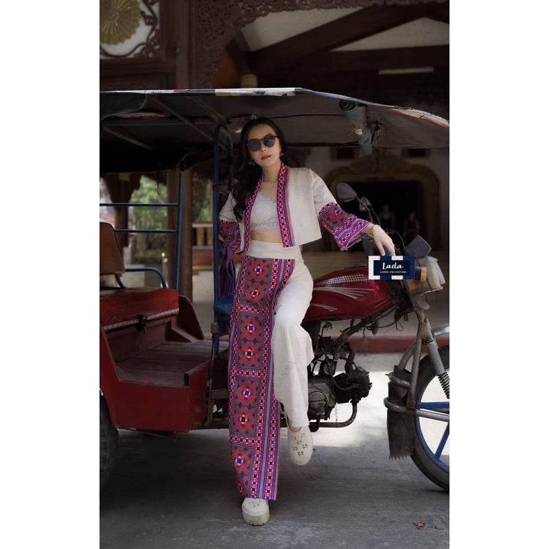 New Ethnic Embroidery Top and Pants Set - Cream & Black High-Waisted Cotton Outfit for Women