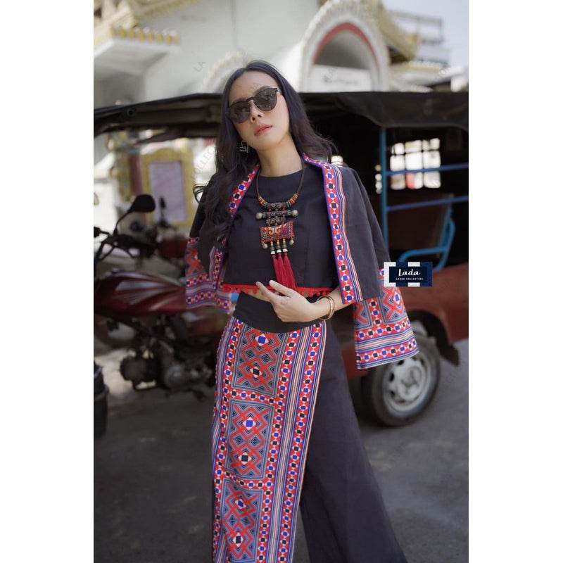 New Ethnic Embroidery Wrap Top &amp; High-Waisted Pants Set – Cream &amp; Black | 2-Piece Cotton Outfit for Women One-Sake.com ดำ / L ดำ / S ดำ / M ดำ / S-ดำ / M-ดำ / L-ดำ / XL-ขาว / S-ขาว / M-ขาว / L-ขาว / XL-
