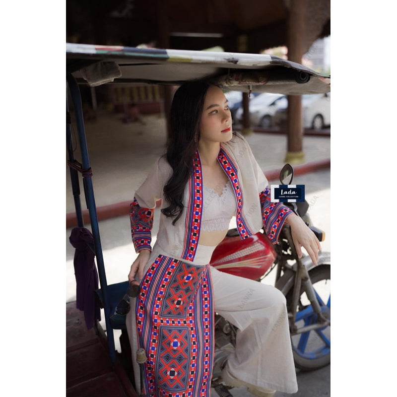 New Ethnic Embroidery Wrap Top &amp; High-Waisted Pants Set – Cream &amp; Black | 2-Piece Cotton Outfit for Women One-Sake.com ดำ / L ดำ / S ดำ / M ดำ / S-ดำ / M-ดำ / L-ดำ / XL-ขาว / S-ขาว / M-ขาว / L-ขาว / XL-