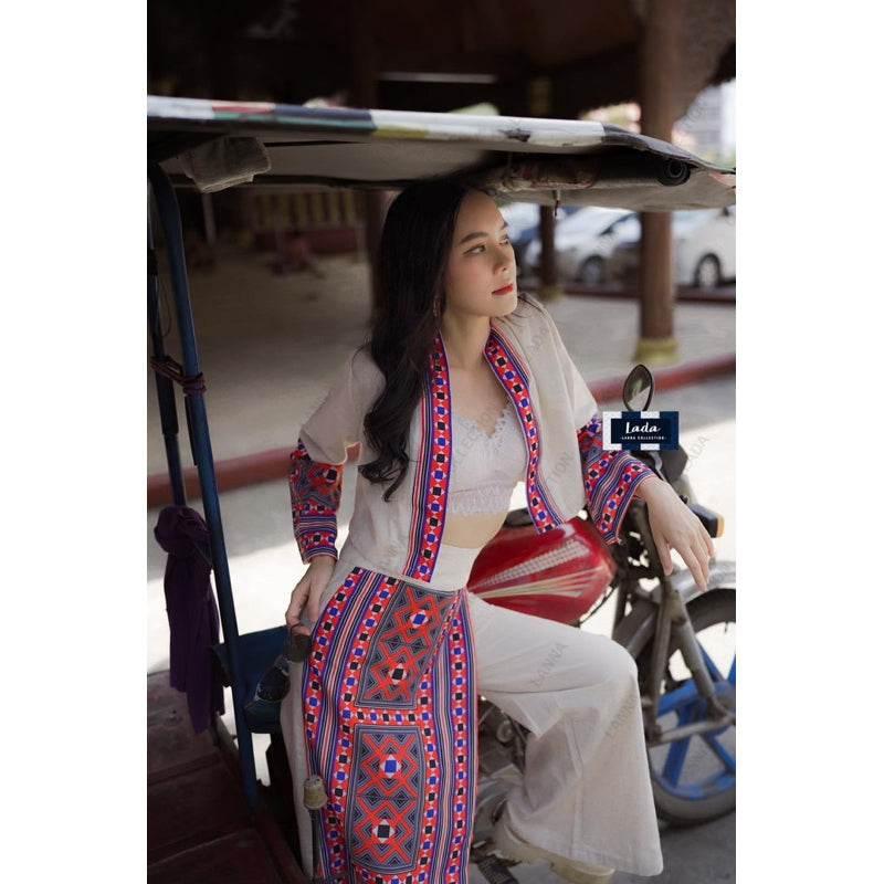 New Ethnic Embroidery Top and Pants Set - Cream & Black High-Waisted Cotton Outfit for Women