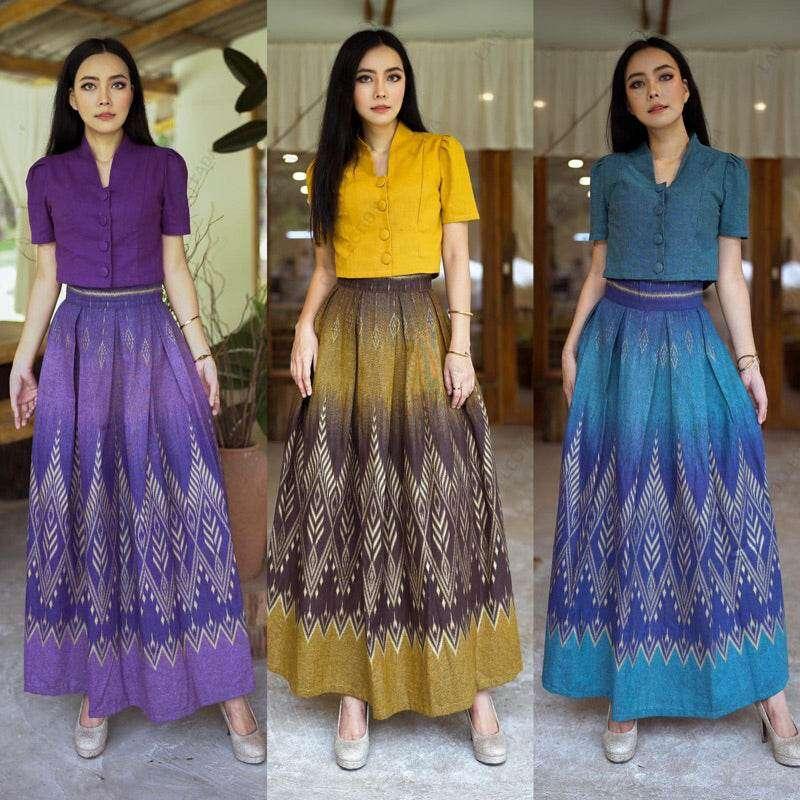 New Floral Pine Print Cotton Set - Classic Collar Short Sleeve Top & Pleated Skirt in Yellow Gold, Green-Blue & Purple
