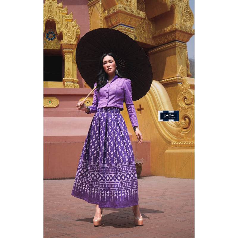 Elegant Collar Long Sleeve Top &amp; Royal Request Pattern Skirt Set – Purple, Navy Blue, Terracotta Orange &amp; Black | Traditional Thai Cotton Outfit for Women One-Sake.com ม่วง / L ม่วง / S ม่วง / M ม่วง / S-ม่วง / M-ม่วง / L-ม่วง / XL-ฟ้า / S-ฟ้า / M-ฟ้า / L-ฟ้า / XL-ส้มอิฐ / S-ส้มอิฐ / M-ส้มอิฐ / L-ส้มอิฐ / XL-ดำ / S-ดำ / M-ดำ / L-ดำ / XL-
