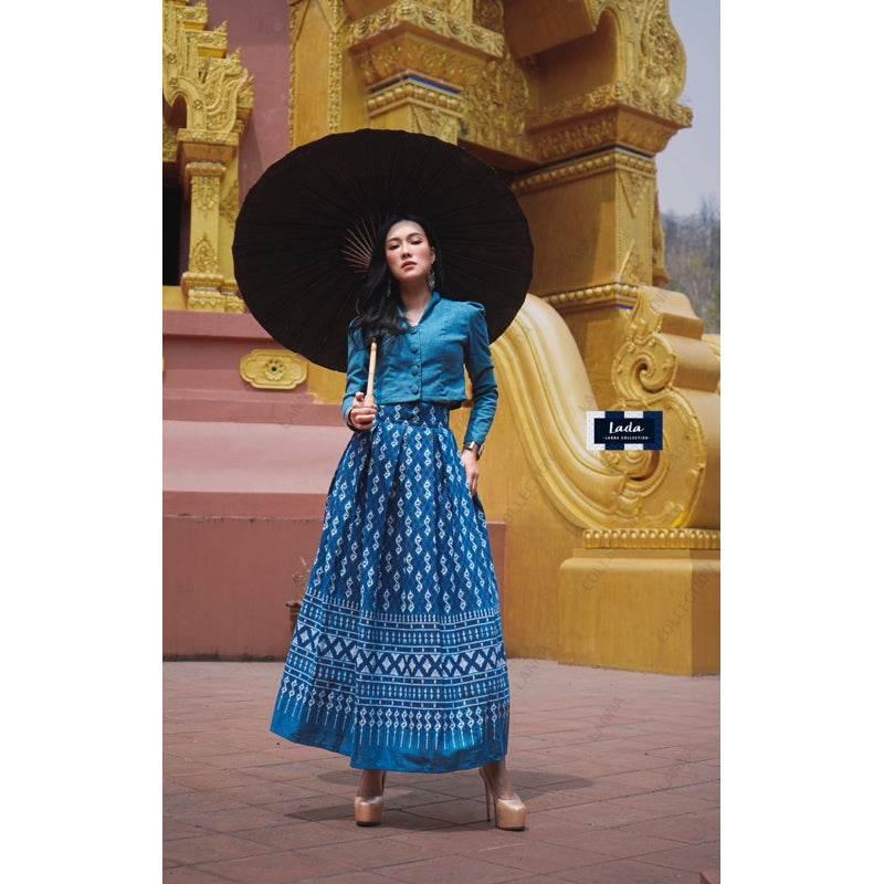 Elegant Collar Long Sleeve Top and Royal Request Pattern Skirt Set – Stylish Thai Cotton Outfit for Women in Purple, Navy Blue, Terracotta Orange & Black