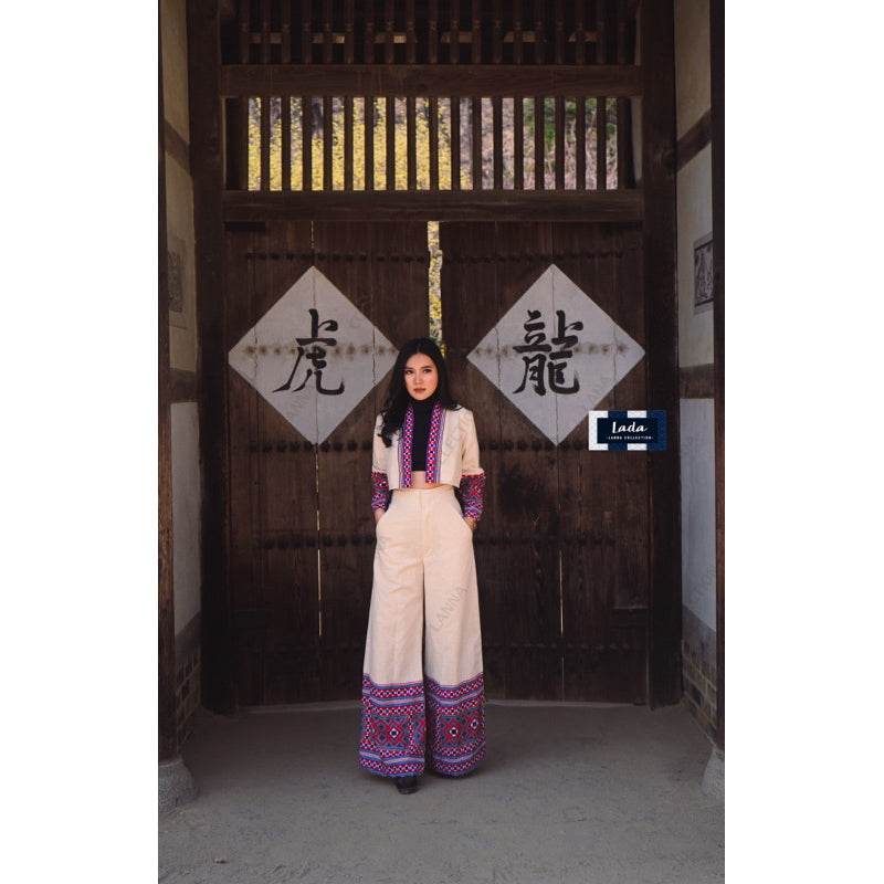 New Dice Pattern Wrap Top &amp; Wide Leg Pant Set – 2 Colors | Ethnic Print Cotton Outfit with Polyester Trim for Women One-Sake.com ดำ / L ดำ / S ดำ / M ดำ / S-ดำ / M-ดำ / L-ดำ / XL-ครีม / S-ครีม / M-ครีม / L-ครีม / XL-