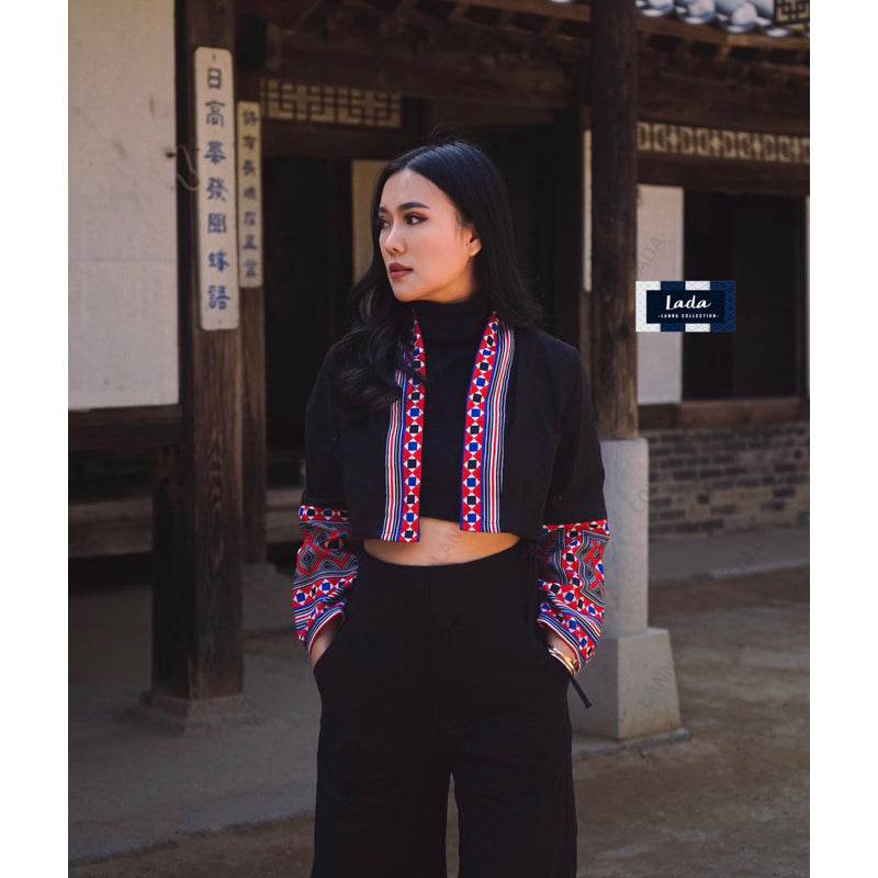 New Dice Pattern Wrap Top &amp; Wide Leg Pant Set – 2 Colors | Ethnic Print Cotton Outfit with Polyester Trim for Women One-Sake.com ดำ / L ดำ / S ดำ / M ดำ / S-ดำ / M-ดำ / L-ดำ / XL-ครีม / S-ครีม / M-ครีม / L-ครีม / XL-