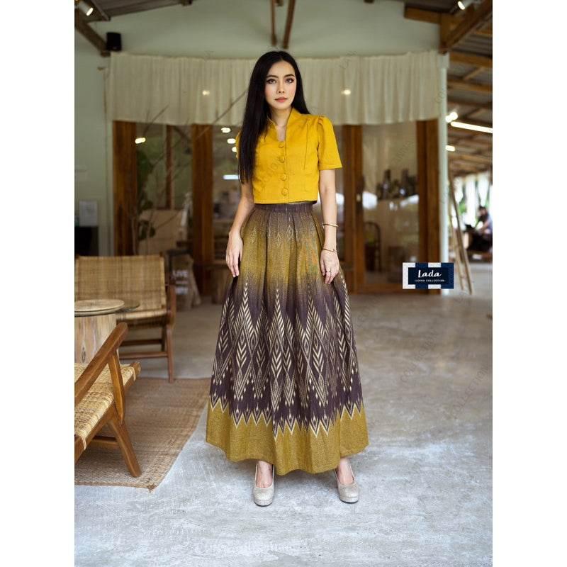 New Floral Pine Print Cotton Set - Classic Collar Short Sleeve Top & Pleated Skirt in Yellow Gold, Green-Blue & Purple