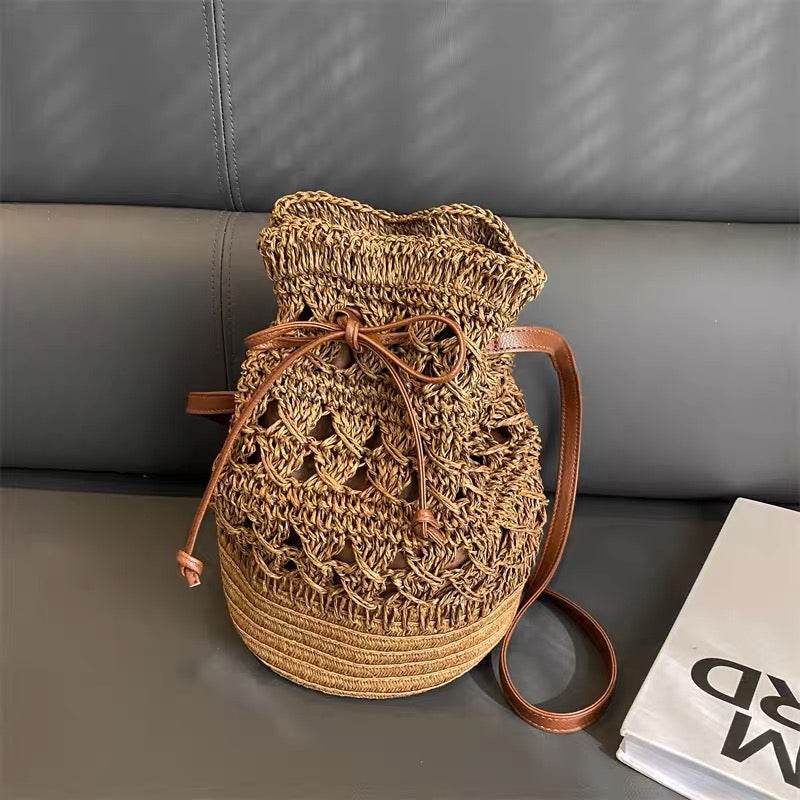 Korean Style Natural Woven Shoulder Bag for Women – 28x20cm with Zipper &amp; Adjustable Strap | 3 Colors Available One-Sake.com Brown Off white Khaki Off white-Khaki-Brown-