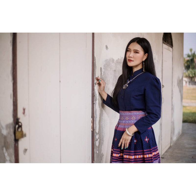 Navy Blue Jitlada Thai Style Blouse &amp; Printed Cotton Skirt Set – Elegant Modest Outfit for Women One-Sake.com L S M S-M-L-XL-
