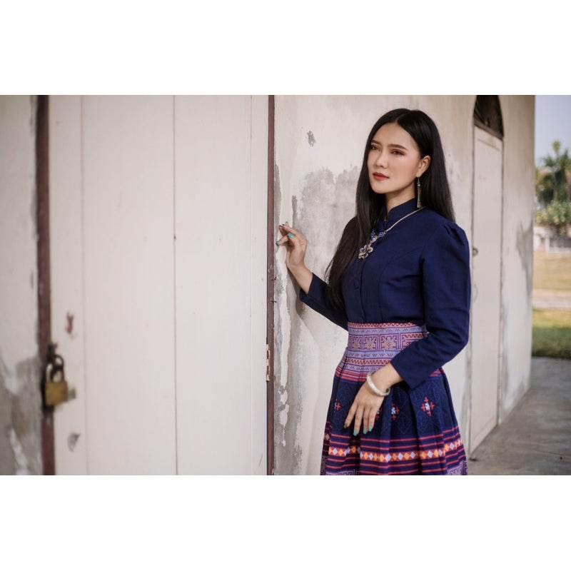 Navy Blue Thai Style Blouse Set and Printed Cotton Skirt for Elegant Modest Women’s Outfit
