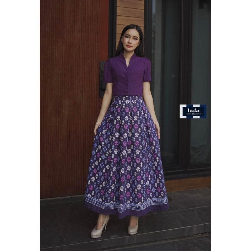 Soft Mandarin Collar Floral Top Set & Pleated Skirt - Navy & Purple | Comfortable Cotton Work Outfit for Women สีม่วง