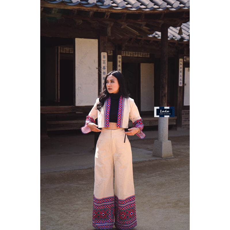 New Dice Pattern Wrap Top &amp; Wide Leg Pant Set – 2 Colors | Ethnic Print Cotton Outfit with Polyester Trim for Women One-Sake.com ดำ / L ดำ / S ดำ / M ดำ / S-ดำ / M-ดำ / L-ดำ / XL-ครีม / S-ครีม / M-ครีม / L-ครีม / XL-
