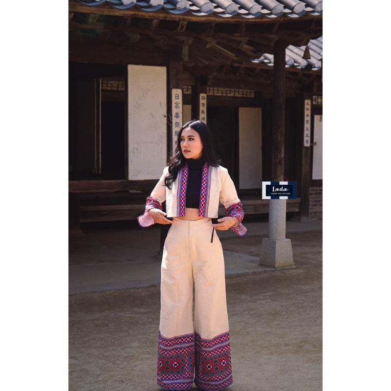 New Dice Pattern Wrap Top Set and Wide Leg Pant Outfit - Ethnic Print Cotton with Polyester Trim for Women - 2 Colors Available