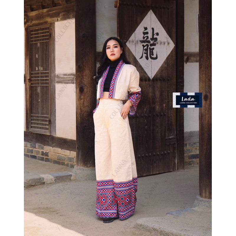 New Dice Pattern Wrap Top &amp; Wide Leg Pant Set – 2 Colors | Ethnic Print Cotton Outfit with Polyester Trim for Women One-Sake.com ดำ / L ดำ / S ดำ / M ดำ / S-ดำ / M-ดำ / L-ดำ / XL-ครีม / S-ครีม / M-ครีม / L-ครีม / XL-