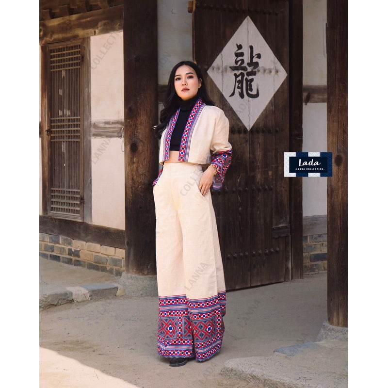 New Dice Pattern Wrap Top Set and Wide Leg Pant Outfit - Ethnic Print Cotton with Polyester Trim for Women - 2 Colors Available