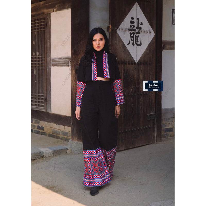 New Dice Pattern Wrap Top &amp; Wide Leg Pant Set – 2 Colors | Ethnic Print Cotton Outfit with Polyester Trim for Women One-Sake.com ดำ / L ดำ / S ดำ / M ดำ / S-ดำ / M-ดำ / L-ดำ / XL-ครีม / S-ครีม / M-ครีม / L-ครีม / XL-