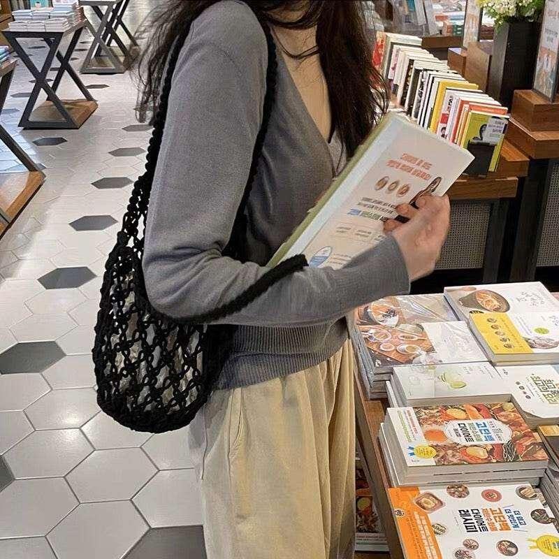 Korean Handmade Crossbody Bag - Minimalist Cotton Bucket Bag with Drawstring Closure & Inner Pouch in 3 Colors Black