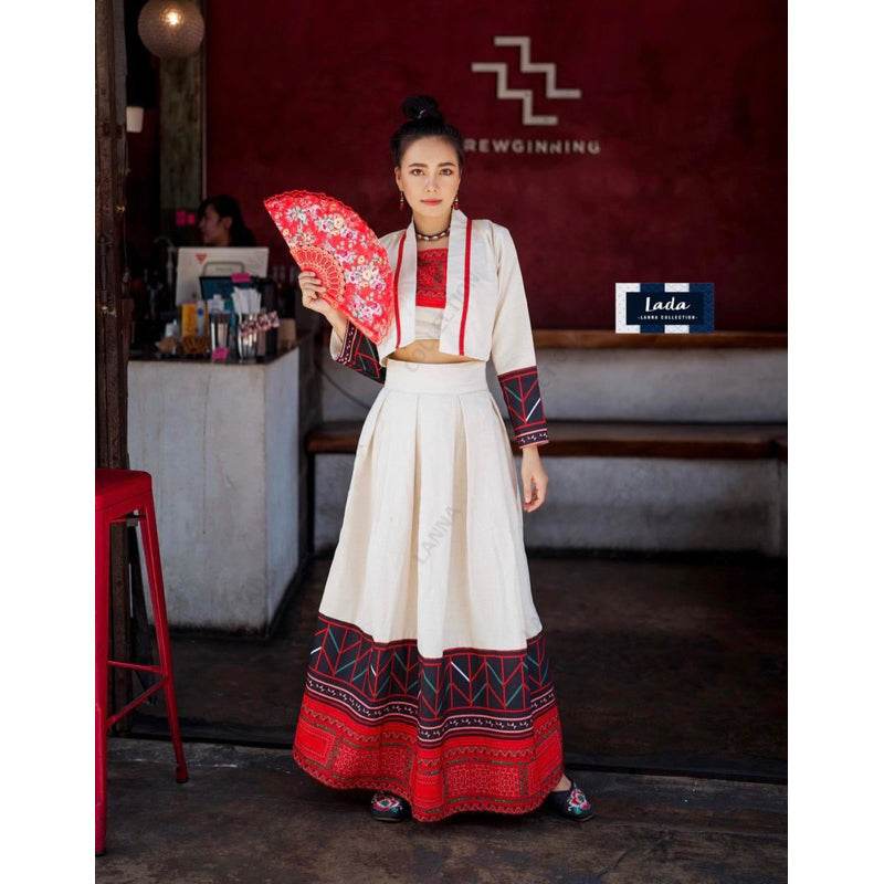 Limited Edition Hmong-Inspired 3-Piece Cotton &amp; Polyester Set – Wrap Top, Cami &amp; Skirt | S–XL Sizes for Women One-Sake.com ดำ / L ดำ / S ดำ / M ดำ / S-ดำ / M-ดำ / L-ดำ / XL-ขาว / S-ขาว / M-ขาว / L-ขาว / XL-
