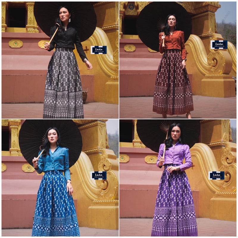 Elegant Collar Long Sleeve Top &amp; Royal Request Pattern Skirt Set – Purple, Navy Blue, Terracotta Orange &amp; Black | Traditional Thai Cotton Outfit for Women One-Sake.com ม่วง / L ม่วง / S ม่วง / M ม่วง / S-ม่วง / M-ม่วง / L-ม่วง / XL-ฟ้า / S-ฟ้า / M-ฟ้า / L-ฟ้า / XL-ส้มอิฐ / S-ส้มอิฐ / M-ส้มอิฐ / L-ส้มอิฐ / XL-ดำ / S-ดำ / M-ดำ / L-ดำ / XL-