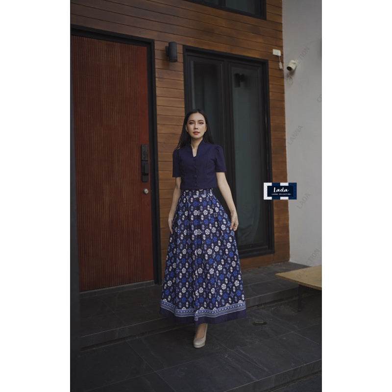 Soft Mandarin Collar Floral Top &amp; Pleated Skirt Set – Navy &amp; Purple | Comfortable Cotton Work Outfit for Women One-Sake.com สีม่วง / L สีม่วง / S สีม่วง / M สีม่วง / S-สีม่วง / M-สีม่วง / L-สีม่วง / XL-สีกรม / S-สีกรม / M-สีกรม / L-สีกรม / XL-