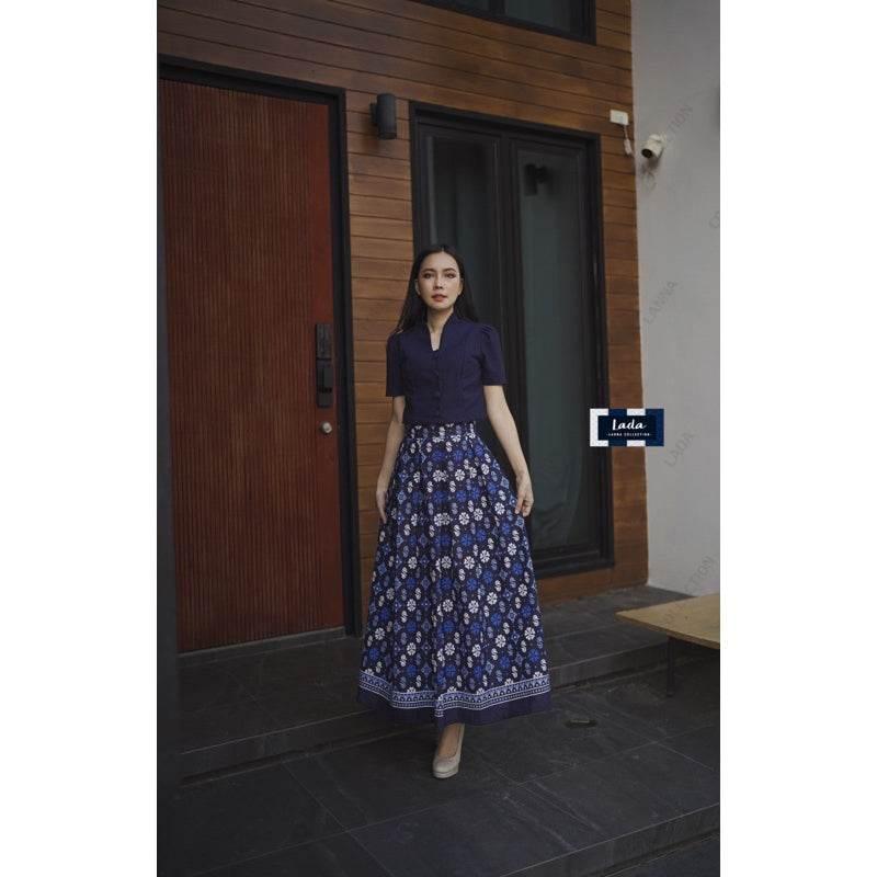Soft Mandarin Collar Floral Top Set & Pleated Skirt - Navy & Purple | Comfortable Cotton Work Outfit for Women