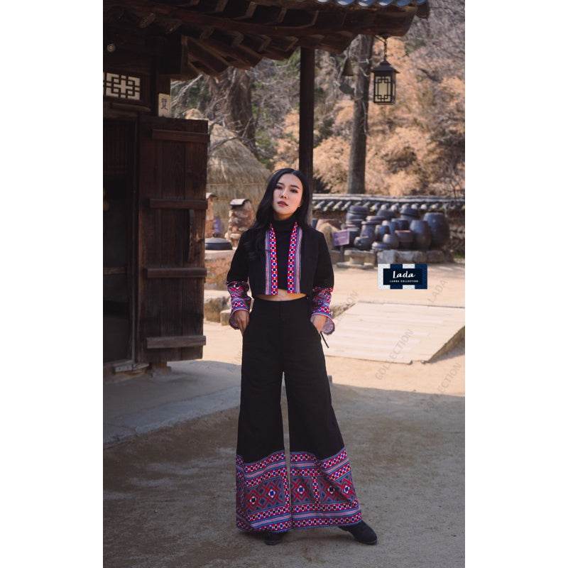 New Dice Pattern Wrap Top &amp; Wide Leg Pant Set – 2 Colors | Ethnic Print Cotton Outfit with Polyester Trim for Women One-Sake.com ดำ / L ดำ / S ดำ / M ดำ / S-ดำ / M-ดำ / L-ดำ / XL-ครีม / S-ครีม / M-ครีม / L-ครีม / XL-
