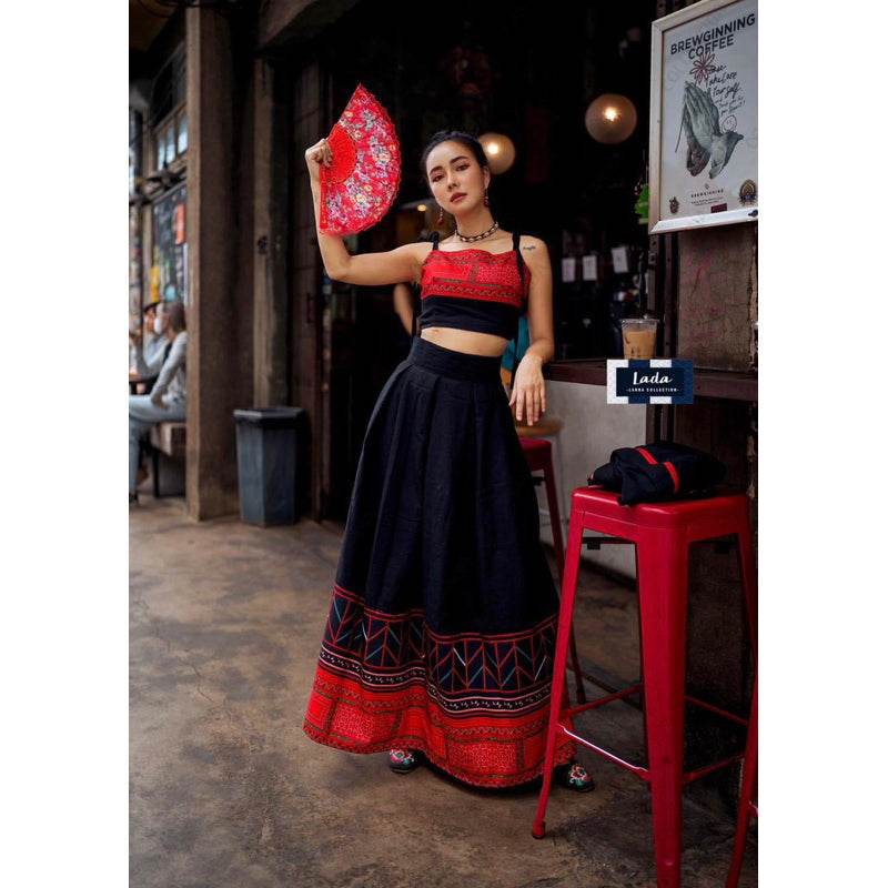 Limited Edition Hmong-Inspired 3-Piece Cotton &amp; Polyester Set – Wrap Top, Cami &amp; Skirt | S–XL Sizes for Women One-Sake.com ดำ / L ดำ / S ดำ / M ดำ / S-ดำ / M-ดำ / L-ดำ / XL-ขาว / S-ขาว / M-ขาว / L-ขาว / XL-
