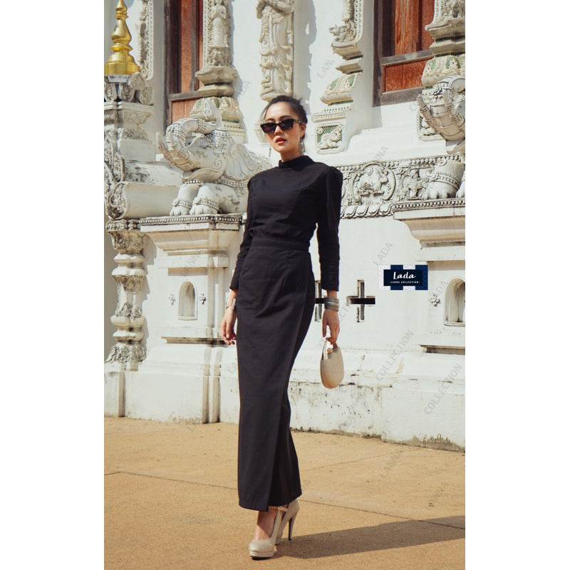 Thai Borom Phiman &amp; Borom Pimai Blouse Set with Black Tube Skirt | Elegant Cotton Traditional Outfit for Temple &amp; Formal Events One-Sake.com L S M S-M-L-XL-