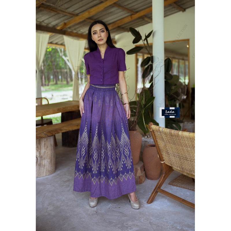 New Floral Pine Print 2-Piece Cotton Set – Yellow Gold, Green-Blue &amp; Purple | Classic Collar Short Sleeve Top with Pleated Skirt One-Sake.com เหลือง / L เหลือง / S เหลือง / M เหลือง / S-เหลือง / M-เหลือง / L-เหลือง / XL-ม่วง / S-ม่วง / M-ม่วง / L-ม่วง / XL-ฟ้า / S-ฟ้า / M-ฟ้า / L-ฟ้า / XL-