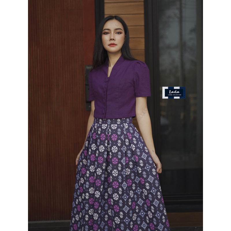 Soft Mandarin Collar Floral Top &amp; Pleated Skirt Set – Navy &amp; Purple | Comfortable Cotton Work Outfit for Women One-Sake.com สีม่วง / L สีม่วง / S สีม่วง / M สีม่วง / S-สีม่วง / M-สีม่วง / L-สีม่วง / XL-สีกรม / S-สีกรม / M-สีกรม / L-สีกรม / XL-