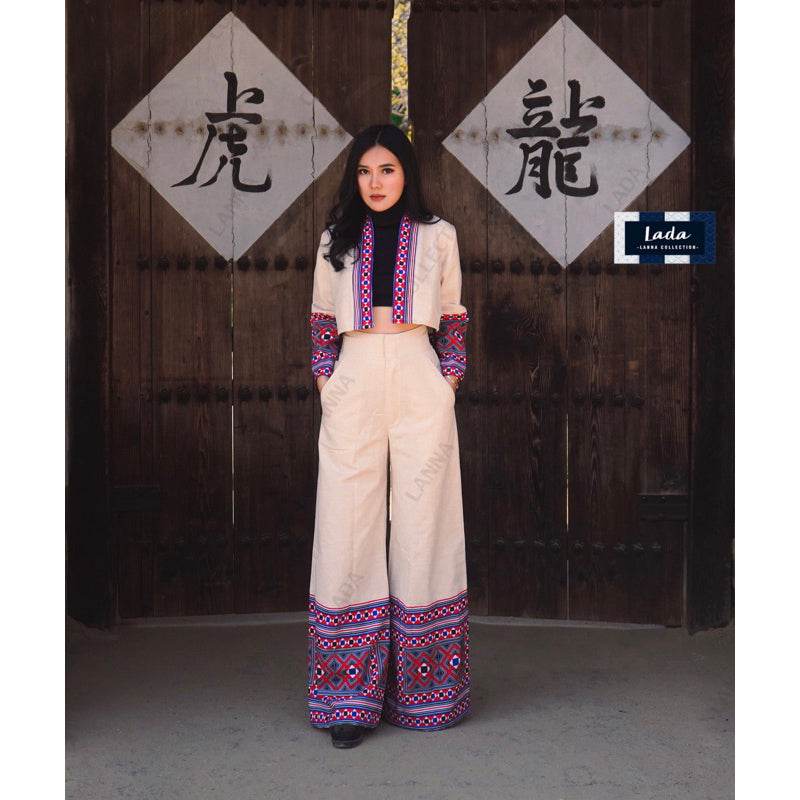 New Dice Pattern Wrap Top &amp; Wide Leg Pant Set – 2 Colors | Ethnic Print Cotton Outfit with Polyester Trim for Women One-Sake.com ดำ / L ดำ / S ดำ / M ดำ / S-ดำ / M-ดำ / L-ดำ / XL-ครีม / S-ครีม / M-ครีม / L-ครีม / XL-