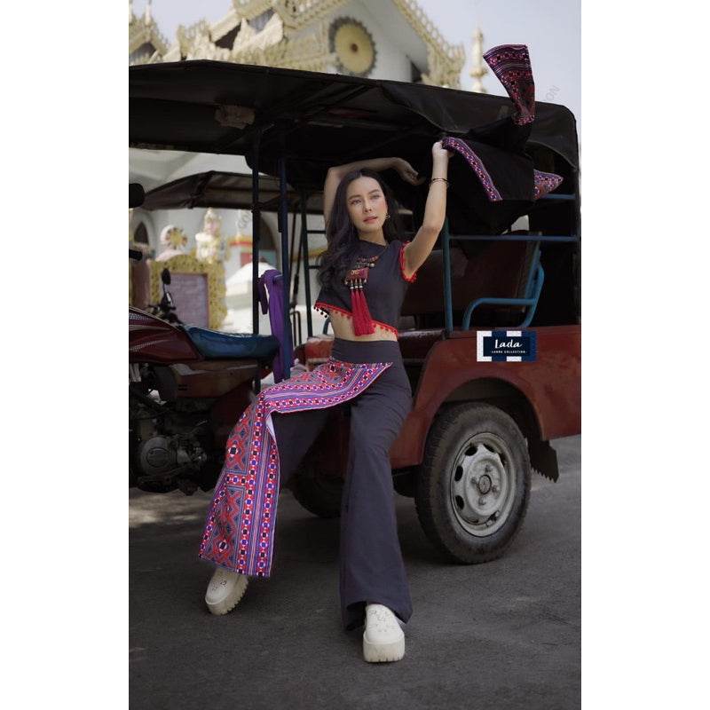 New Ethnic Embroidery Wrap Top &amp; High-Waisted Pants Set – Cream &amp; Black | 2-Piece Cotton Outfit for Women One-Sake.com ดำ / L ดำ / S ดำ / M ดำ / S-ดำ / M-ดำ / L-ดำ / XL-ขาว / S-ขาว / M-ขาว / L-ขาว / XL-