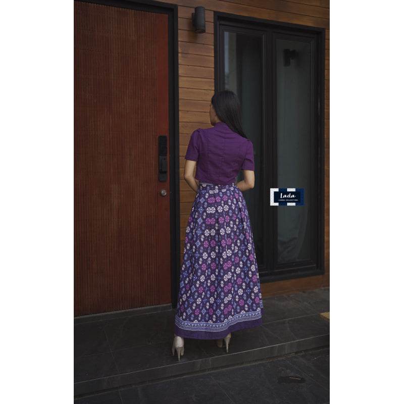 Soft Mandarin Collar Floral Top &amp; Pleated Skirt Set – Navy &amp; Purple | Comfortable Cotton Work Outfit for Women One-Sake.com สีม่วง / L สีม่วง / S สีม่วง / M สีม่วง / S-สีม่วง / M-สีม่วง / L-สีม่วง / XL-สีกรม / S-สีกรม / M-สีกรม / L-สีกรม / XL-