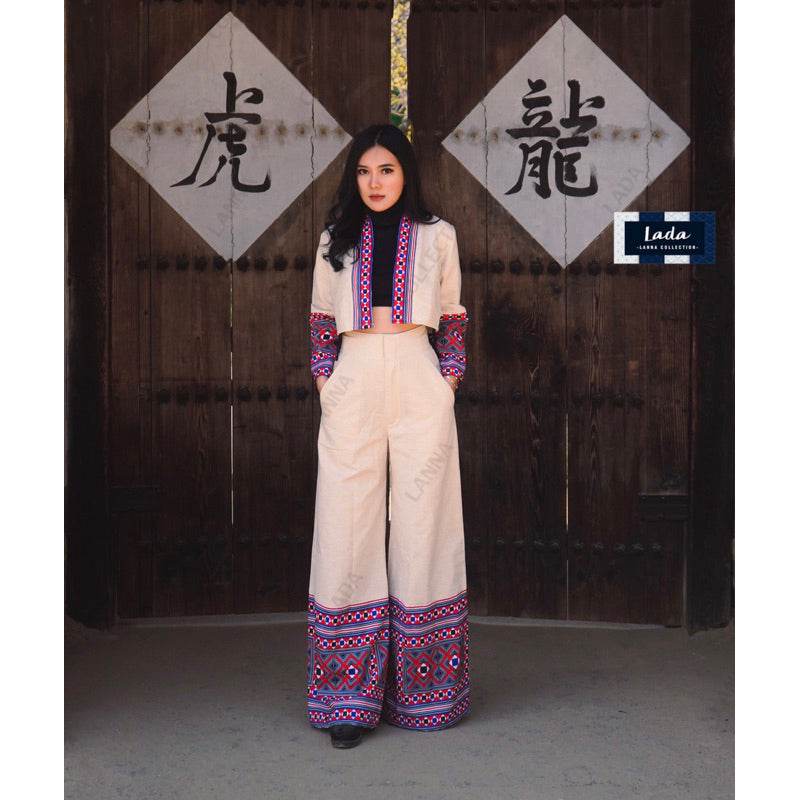 New Dice Pattern Wrap Top &amp; Wide Leg Pant Set – 2 Colors | Ethnic Print Cotton Outfit with Polyester Trim for Women One-Sake.com ดำ / L ดำ / S ดำ / M ดำ / S-ดำ / M-ดำ / L-ดำ / XL-ครีม / S-ครีม / M-ครีม / L-ครีม / XL-