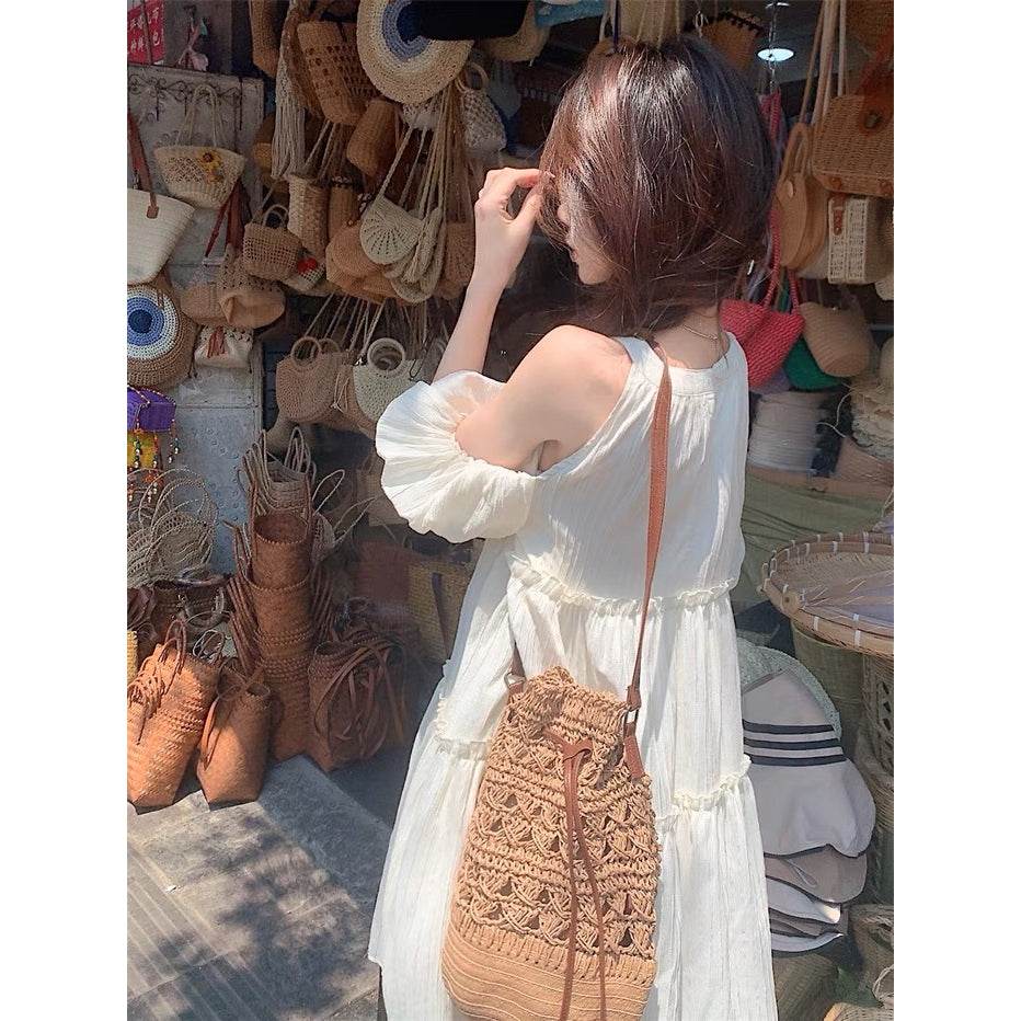 Korean Style Natural Woven Shoulder Bag for Women – 28x20cm with Zipper &amp; Adjustable Strap | 3 Colors Available One-Sake.com Brown Off white Khaki Off white-Khaki-Brown-