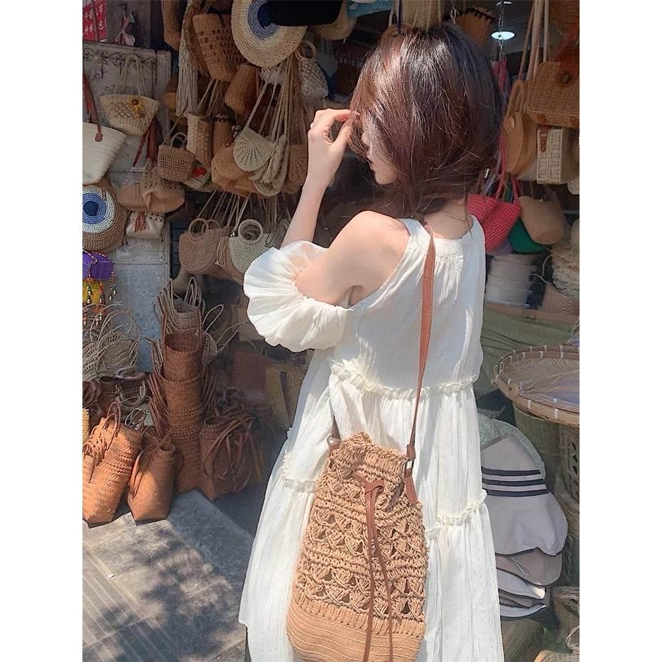 Korean Woven Shoulder Bag for Women - Natural Woven Design, Zipper & Adjustable Strap, 28x20cm, Available in 3 Colors