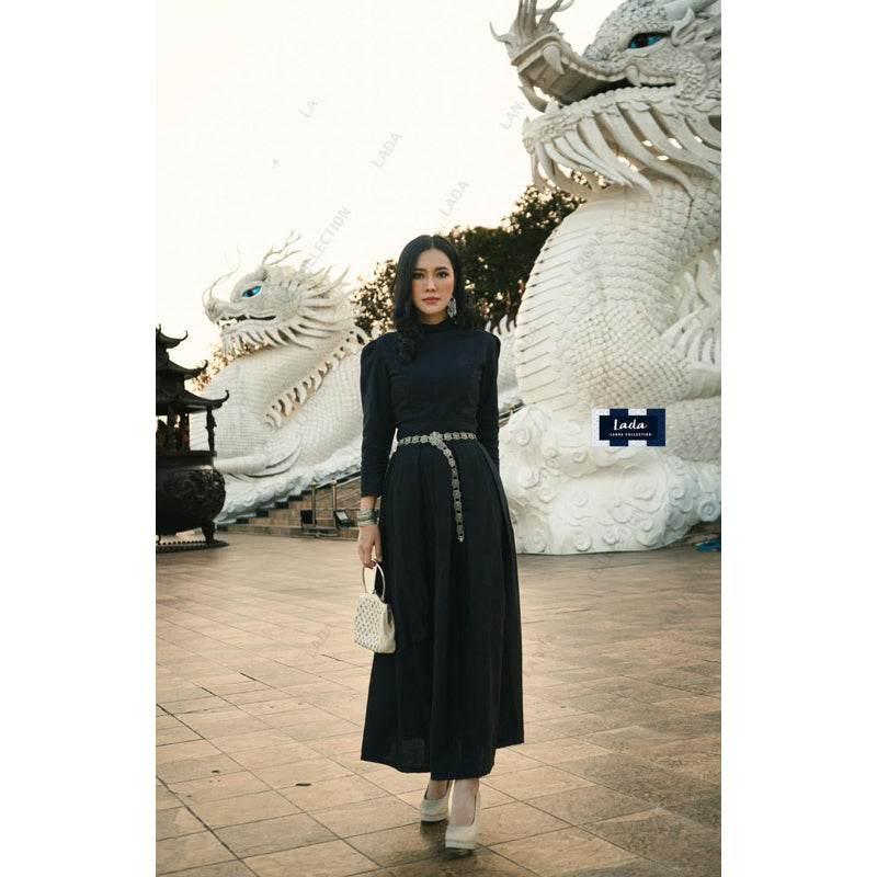 Thai Inspired Blouse and Skirt Set - Luxurious Elegance with Black Pleated Twill Skirt