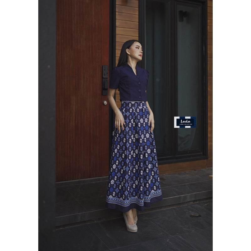 Soft Mandarin Collar Floral Top Set & Pleated Skirt - Navy & Purple | Comfortable Cotton Work Outfit for Women สีกรม