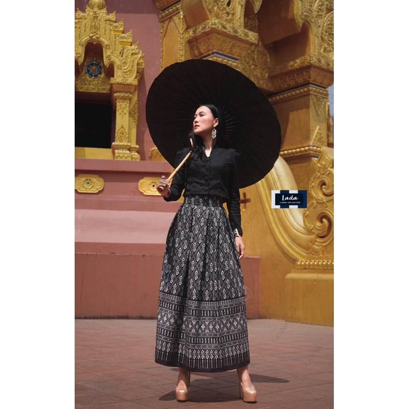 Elegant Collar Long Sleeve Top and Royal Request Pattern Skirt Set – Stylish Thai Cotton Outfit for Women in Purple, Navy Blue, Terracotta Orange & Black