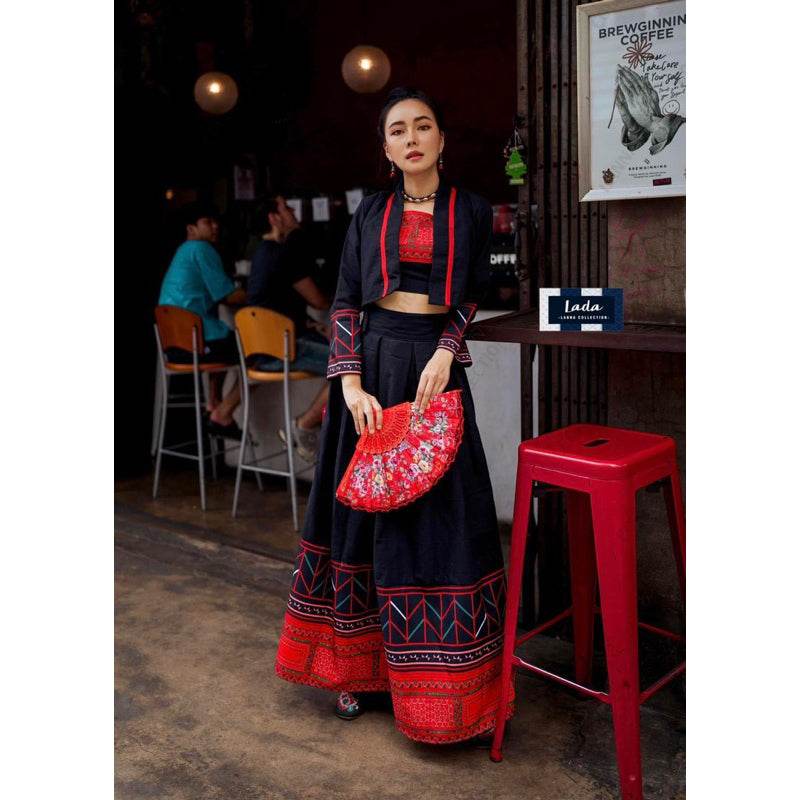 Limited Edition Hmong-Inspired 3-Piece Cotton &amp; Polyester Set – Wrap Top, Cami &amp; Skirt | S–XL Sizes for Women One-Sake.com ดำ / L ดำ / S ดำ / M ดำ / S-ดำ / M-ดำ / L-ดำ / XL-ขาว / S-ขาว / M-ขาว / L-ขาว / XL-
