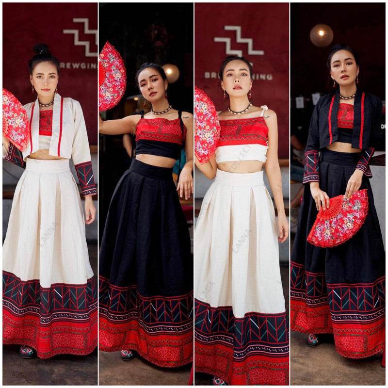 Limited Edition Hmong-Inspired 3-Piece Cotton &amp; Polyester Set – Wrap Top, Cami &amp; Skirt | S–XL Sizes for Women One-Sake.com ดำ / L ดำ / S ดำ / M ดำ / S-ดำ / M-ดำ / L-ดำ / XL-ขาว / S-ขาว / M-ขาว / L-ขาว / XL-