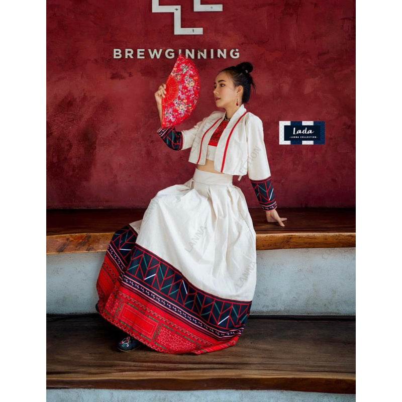 Limited Edition Hmong-Inspired 3-Piece Cotton &amp; Polyester Set – Wrap Top, Cami &amp; Skirt | S–XL Sizes for Women One-Sake.com ดำ / L ดำ / S ดำ / M ดำ / S-ดำ / M-ดำ / L-ดำ / XL-ขาว / S-ขาว / M-ขาว / L-ขาว / XL-