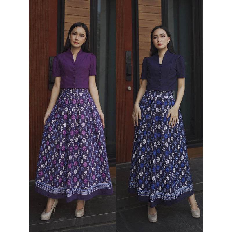 Soft Mandarin Collar Floral Top &amp; Pleated Skirt Set – Navy &amp; Purple | Comfortable Cotton Work Outfit for Women One-Sake.com สีม่วง / L สีม่วง / S สีม่วง / M สีม่วง / S-สีม่วง / M-สีม่วง / L-สีม่วง / XL-สีกรม / S-สีกรม / M-สีกรม / L-สีกรม / XL-