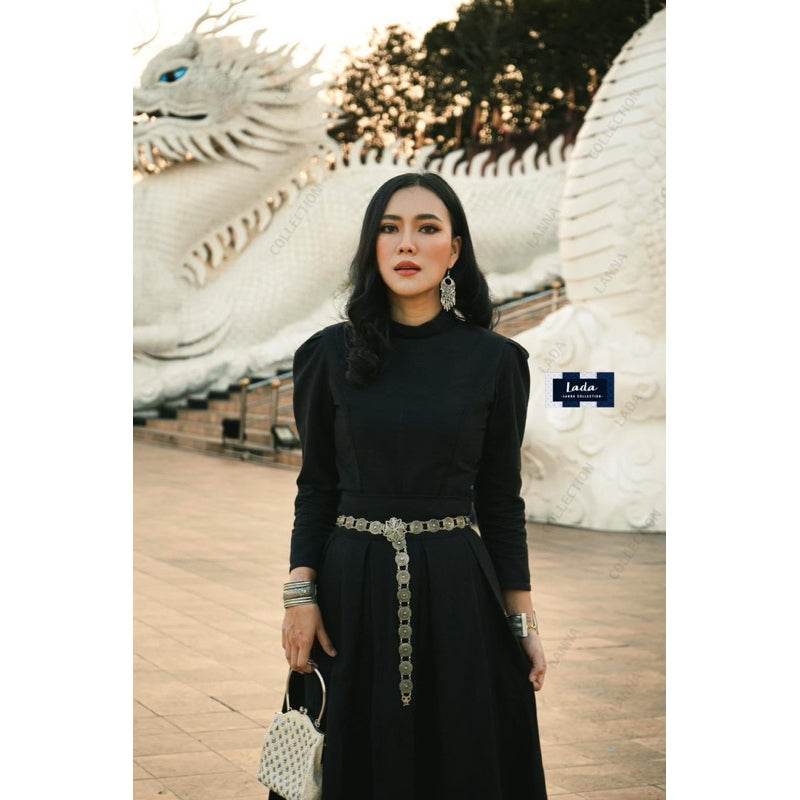 Thai Boromphiman Inspired Blouse with Black Pleated Twill Skirt Set – Luxurious Simple Elegance for Women One-Sake.com L S M S-M-L-XL-