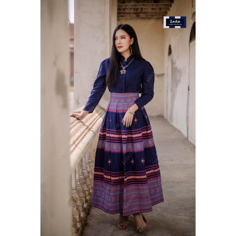 Navy Blue Jitlada Thai Style Blouse &amp; Printed Cotton Skirt Set – Elegant Modest Outfit for Women One-Sake.com L S M S-M-L-XL-
