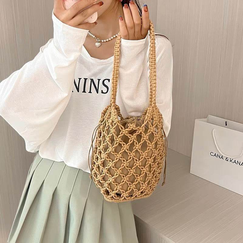 Korean Style Handmade Crossbody Bag – 3 Colors | Minimalist Cotton Bucket Bag with Drawstring Closure &amp; Inner Pouch One-Sake.com Black khaki White khaki-White-Black-