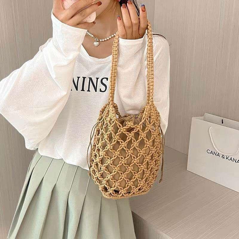 Korean Handmade Crossbody Bag - Minimalist Cotton Bucket Bag with Drawstring Closure & Inner Pouch in 3 Colors