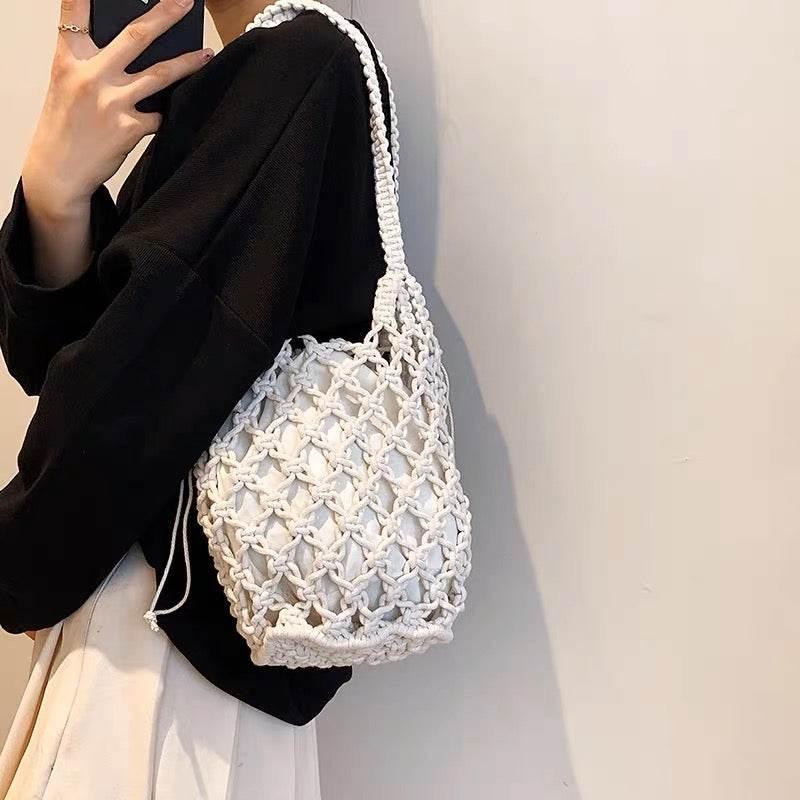Korean Handmade Crossbody Bag - Minimalist Cotton Bucket Bag with Drawstring Closure & Inner Pouch in 3 Colors White