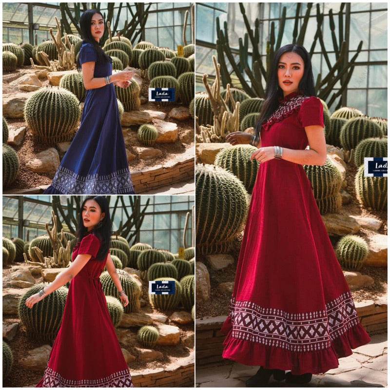 Elegant Princess Wrap Dress with Ruffle Neckline – Navy &amp; Wine Red | Flattering Fit, Slimming Design for All Body Types One-Sake.com Red / L Red / S Red / M Red / S-Red / M-Red / L-Red / XL-Nevy / S-Nevy / M-Nevy / L-Nevy / XL-