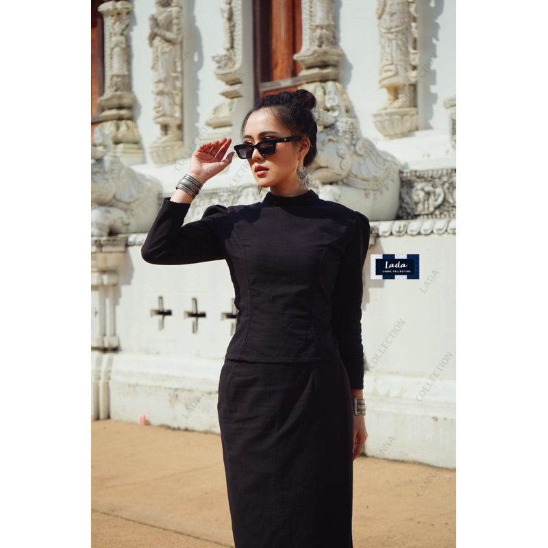 Thai Borom Phiman &amp; Borom Pimai Blouse Set with Black Tube Skirt | Elegant Cotton Traditional Outfit for Temple &amp; Formal Events One-Sake.com L S M S-M-L-XL-