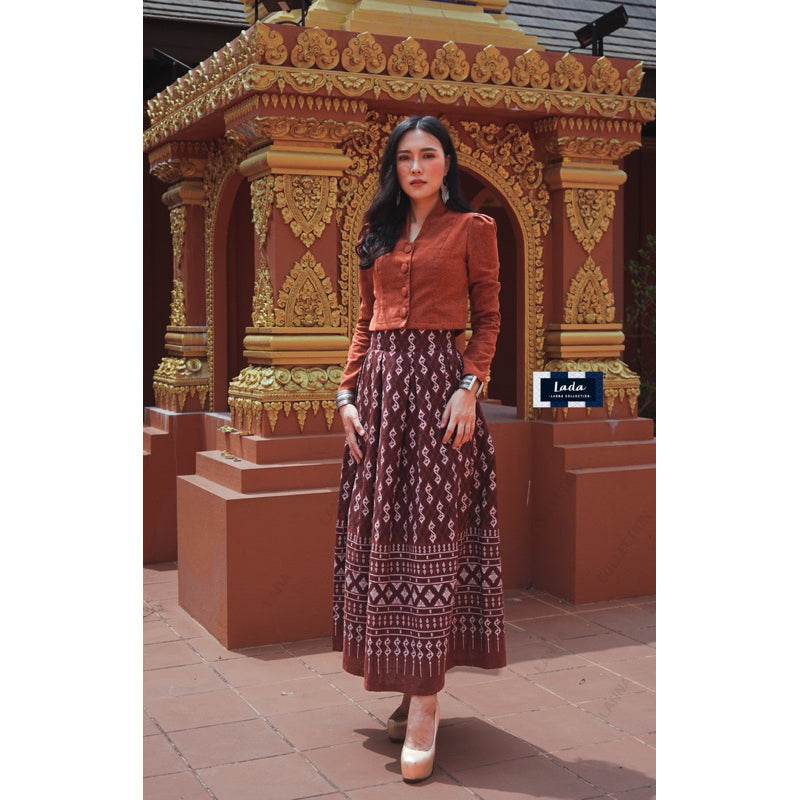 Elegant Collar Long Sleeve Top &amp; Royal Request Pattern Skirt Set – Purple, Navy Blue, Terracotta Orange &amp; Black | Traditional Thai Cotton Outfit for Women One-Sake.com ม่วง / L ม่วง / S ม่วง / M ม่วง / S-ม่วง / M-ม่วง / L-ม่วง / XL-ฟ้า / S-ฟ้า / M-ฟ้า / L-ฟ้า / XL-ส้มอิฐ / S-ส้มอิฐ / M-ส้มอิฐ / L-ส้มอิฐ / XL-ดำ / S-ดำ / M-ดำ / L-ดำ / XL-